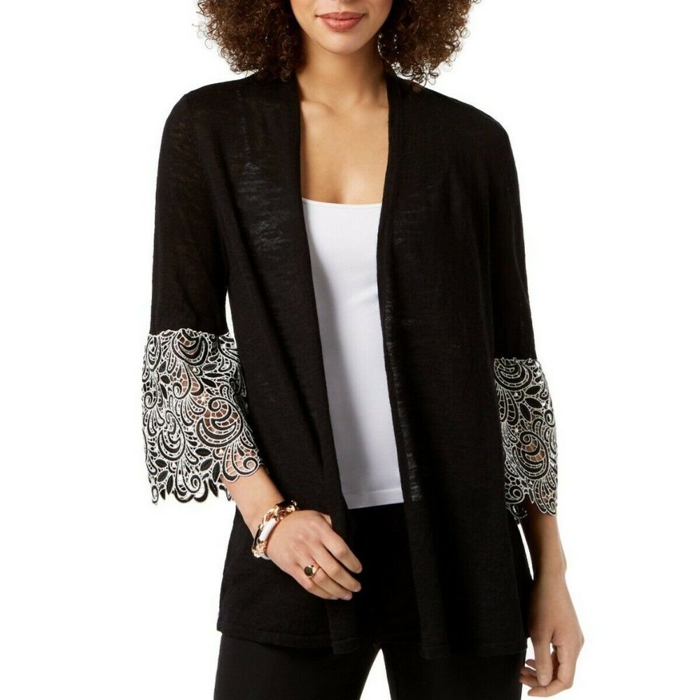 Alfani Black Cardigan with White Lace Sleeves